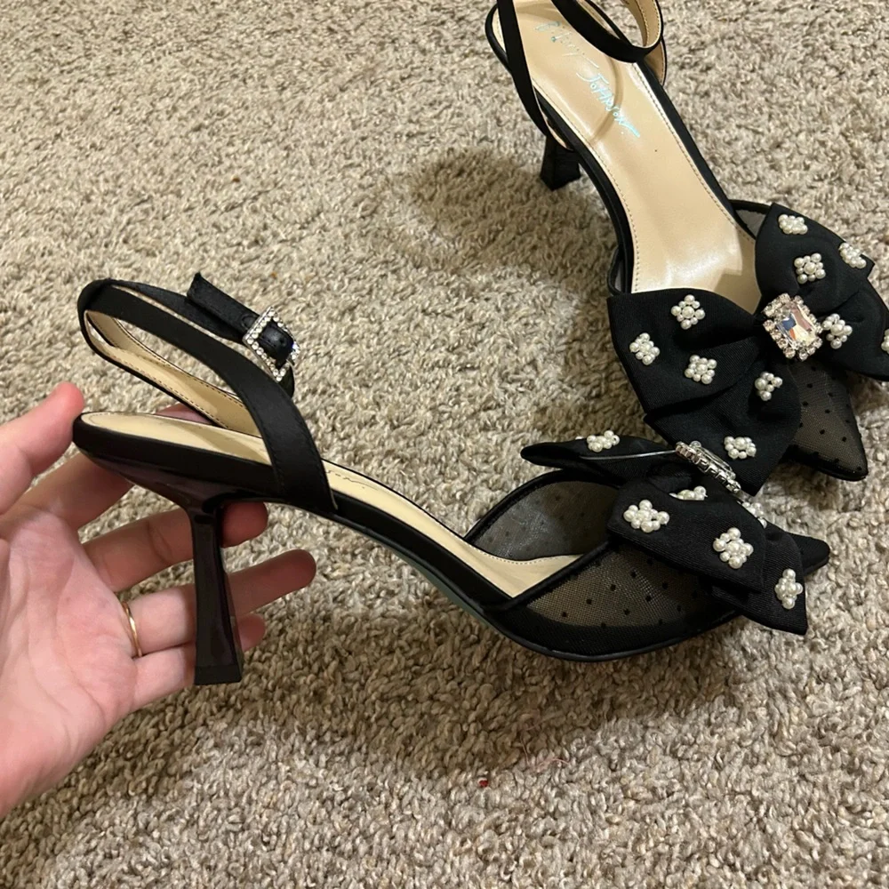 Betsey Johnson Mark Bow Stiletto Heel Pumps Mesh Rhinestone Ankle Strap Size 9.5